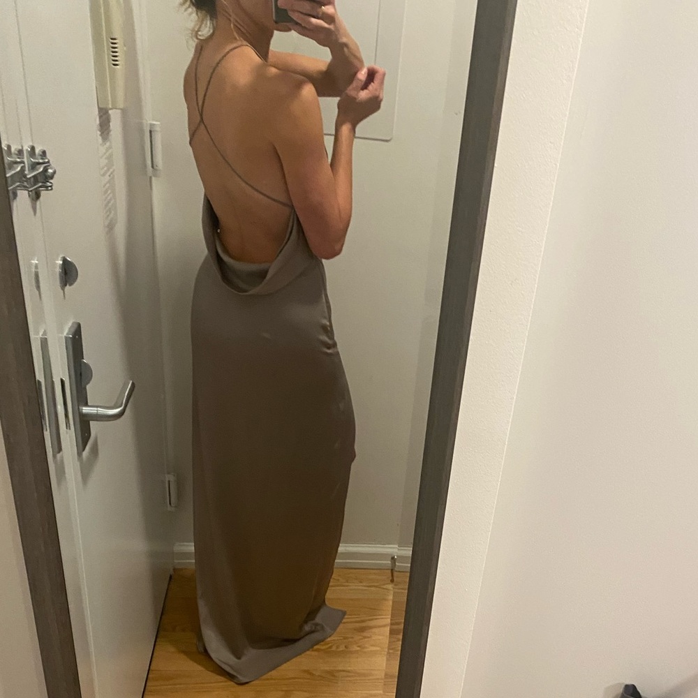 Taupe/dark grey high neck open back gown